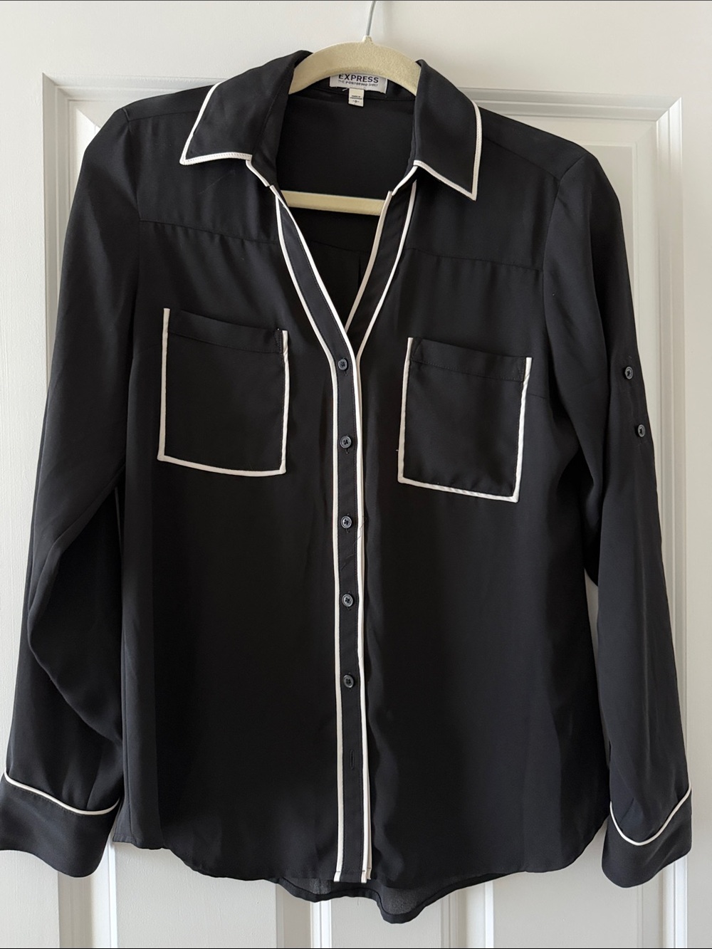 Express Black Button-Down Shirt with White Piping